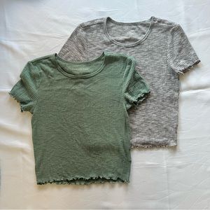 2 American Eagle Lettuce Edge Tops Short Sleeve Shirt Green Grey 2 Pack Bundle